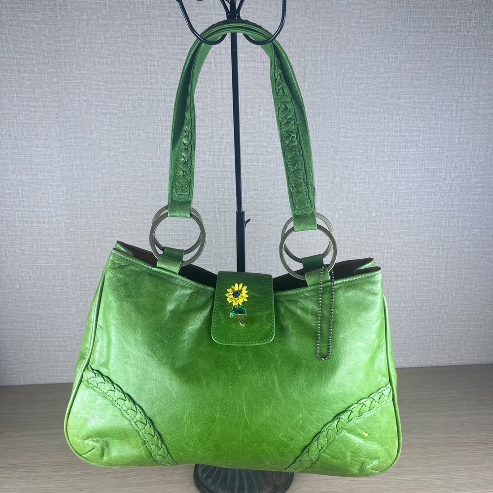 Lesa Wallace Green Leather Handbag Artisan Shoulder Bag Braided Detail Boho